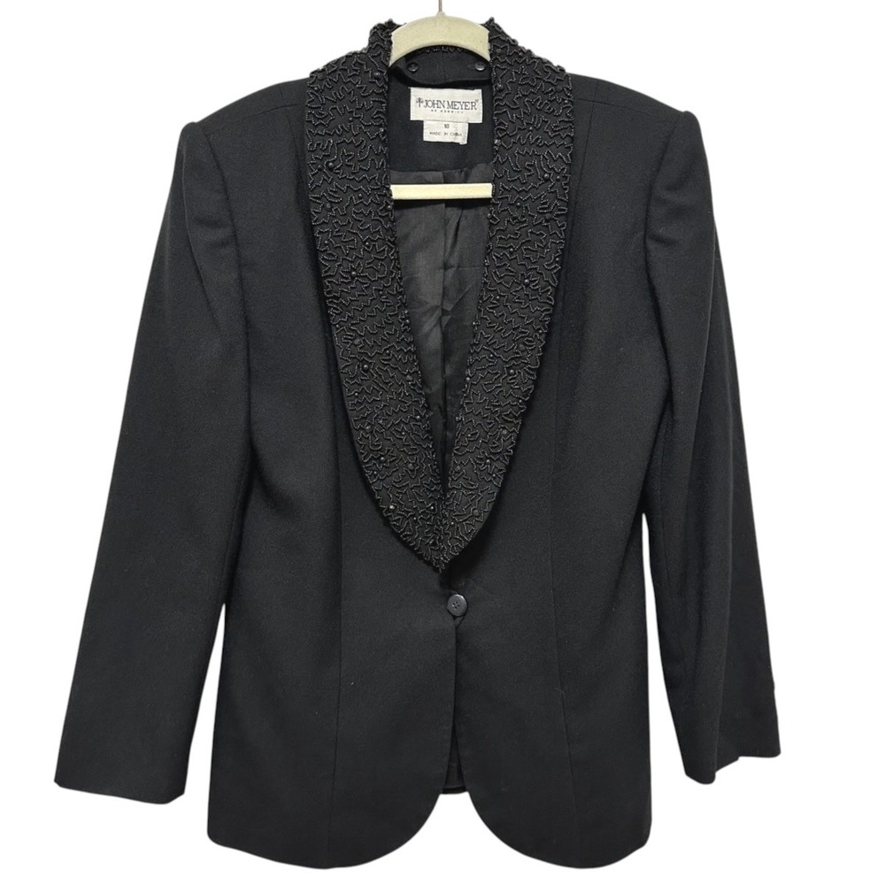 John Meyer of Norwich Vintage 90s Wool Blazer Beaded Embellished Black Jacket 14